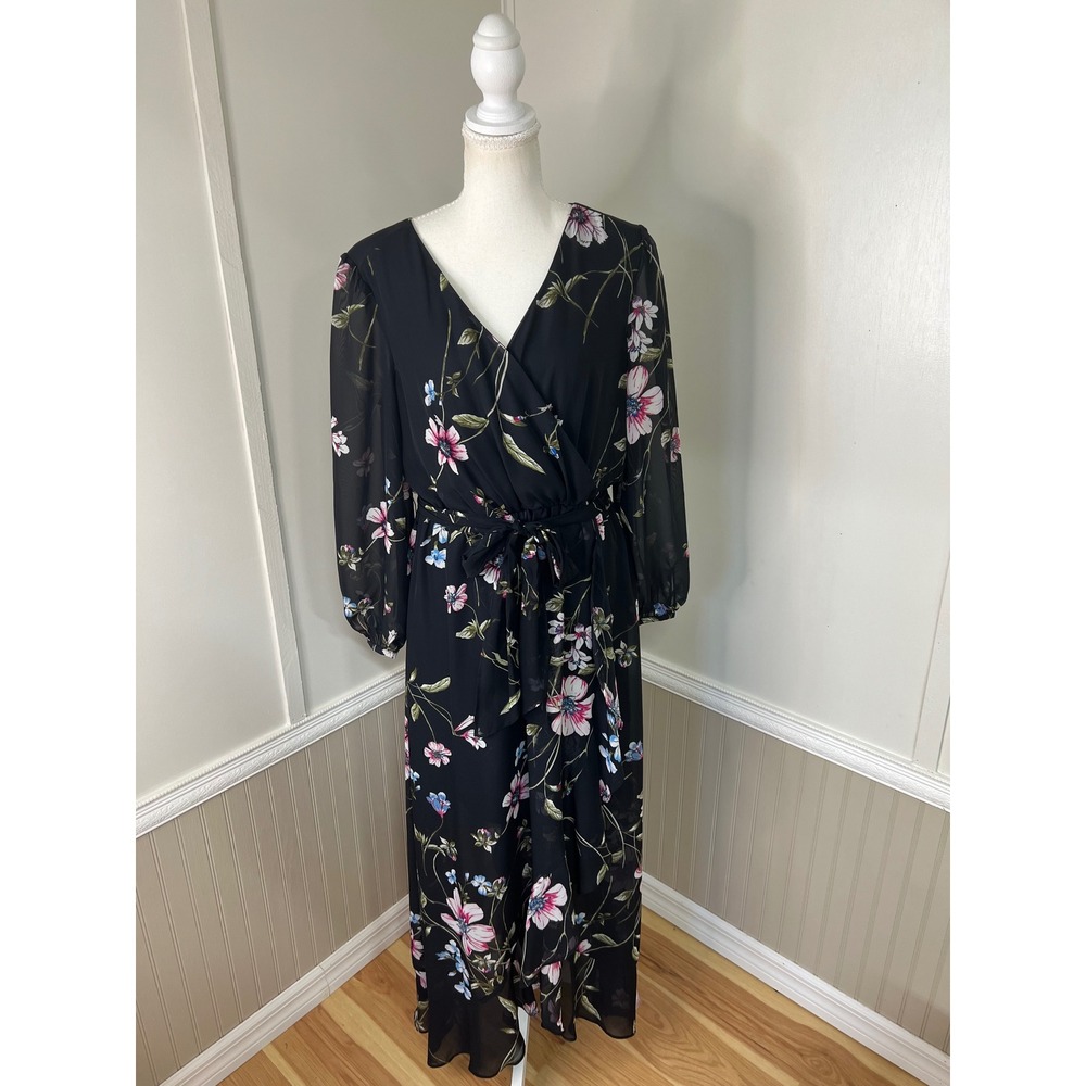 Melrose Black Floral Maxi Dress Long Sleeve Faux Wrap V-Neck Size 12